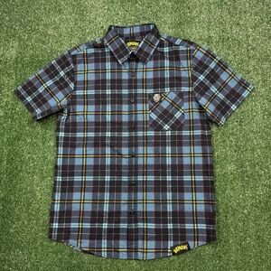 Demons Middle Of Beyond Button Up Shirt Men's Size Blue Short Sleeve Plaid Tee